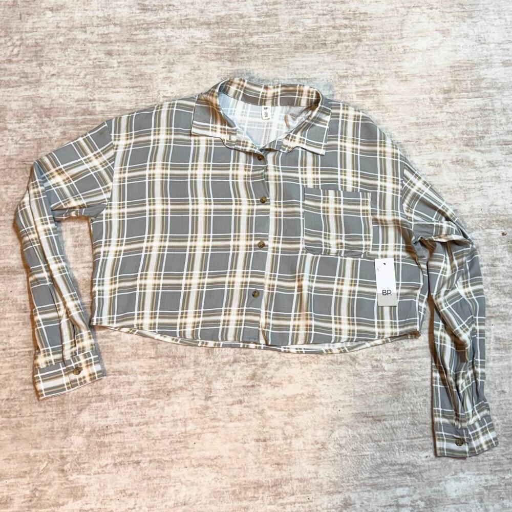 BP Women’s Small Gray Cropped Flannel Long Sleeve Plaid Lumberjack Menswear New